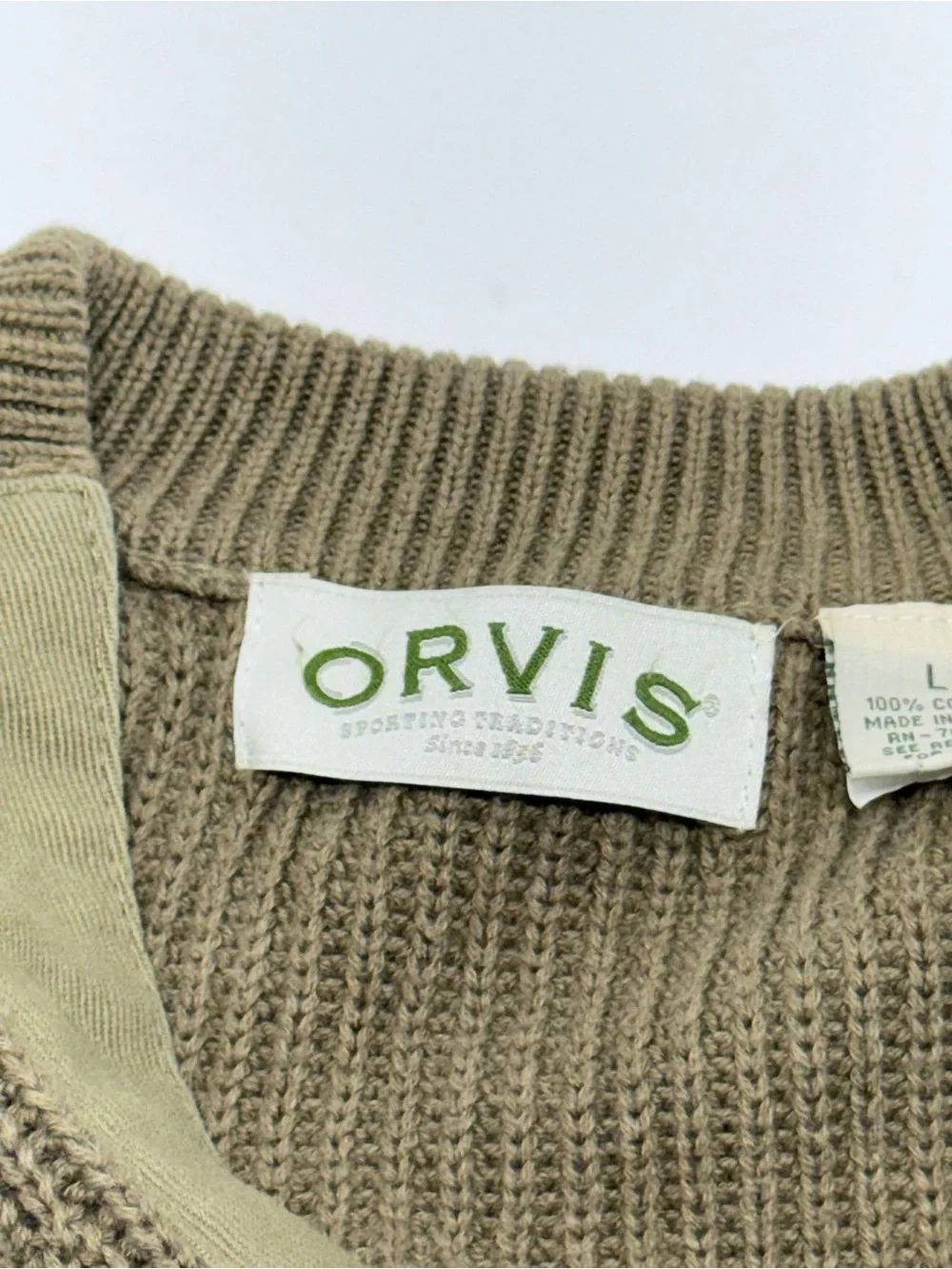 Orvis Men L Olive 100% Cotton V-Neck Rib Knit Cardigan Elbow Patch Button Front